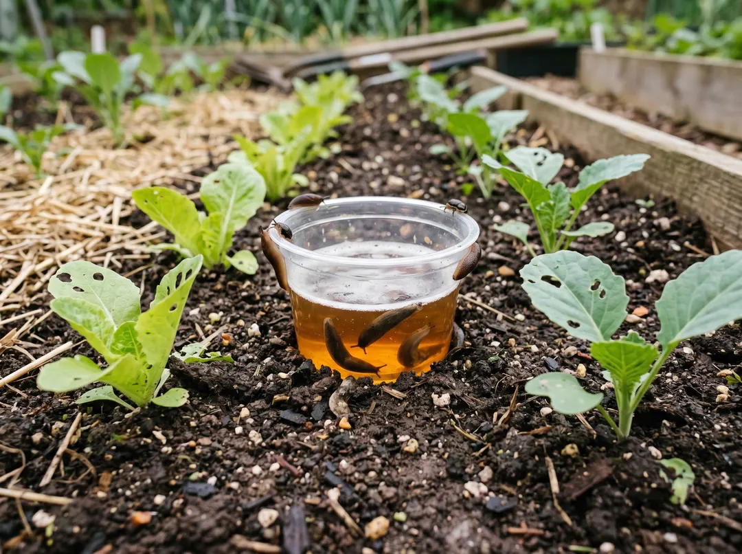Piège à bière enterré au ras du sol parmi de jeunes plants pour capturer les limaces