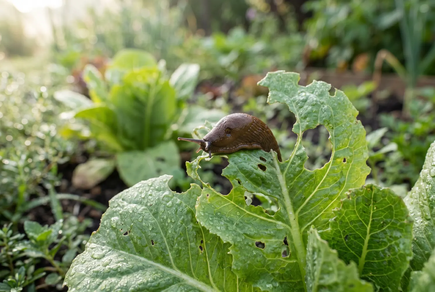 Limace sur une feuille de salade grignotée au potager