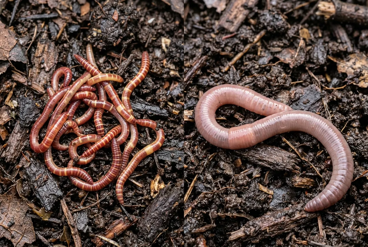 Comparaison entre des vers de compost eisenia rayés et un gros ver de terre anécique du jardin