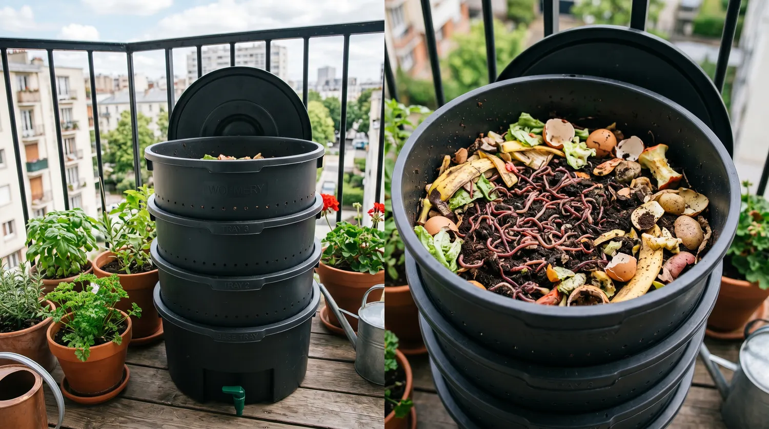 Lombricomposteur à plateaux sur un balcon avec déchets de cuisine