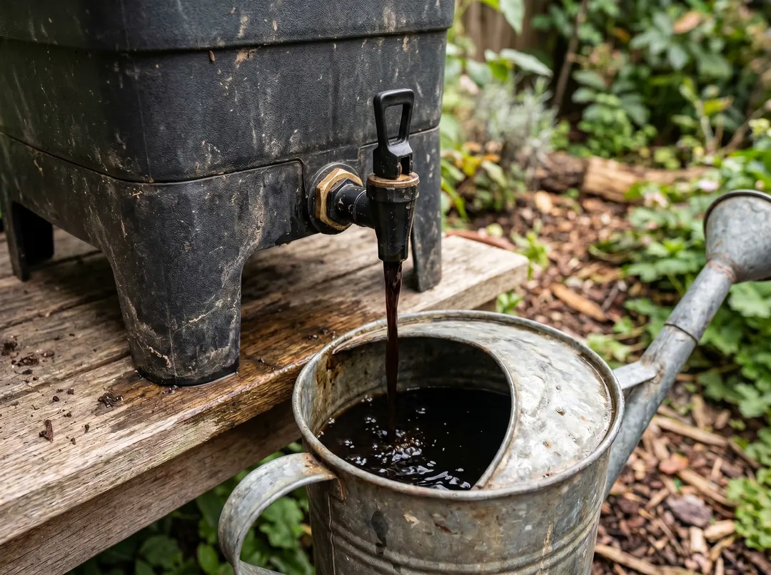 Jus de lombricompost récupéré au robinet du lombricomposteur dans un arrosoir