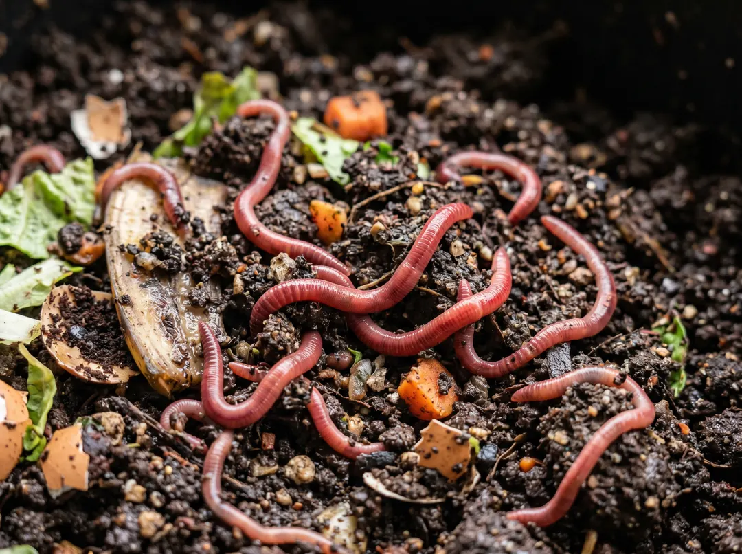 Vers de compost rouges dans du lombricompost sombre et riche