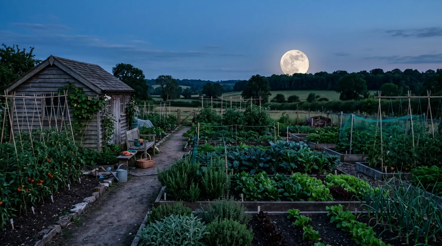Pleine lune se levant au-dessus d'un potager paisible au crépuscule