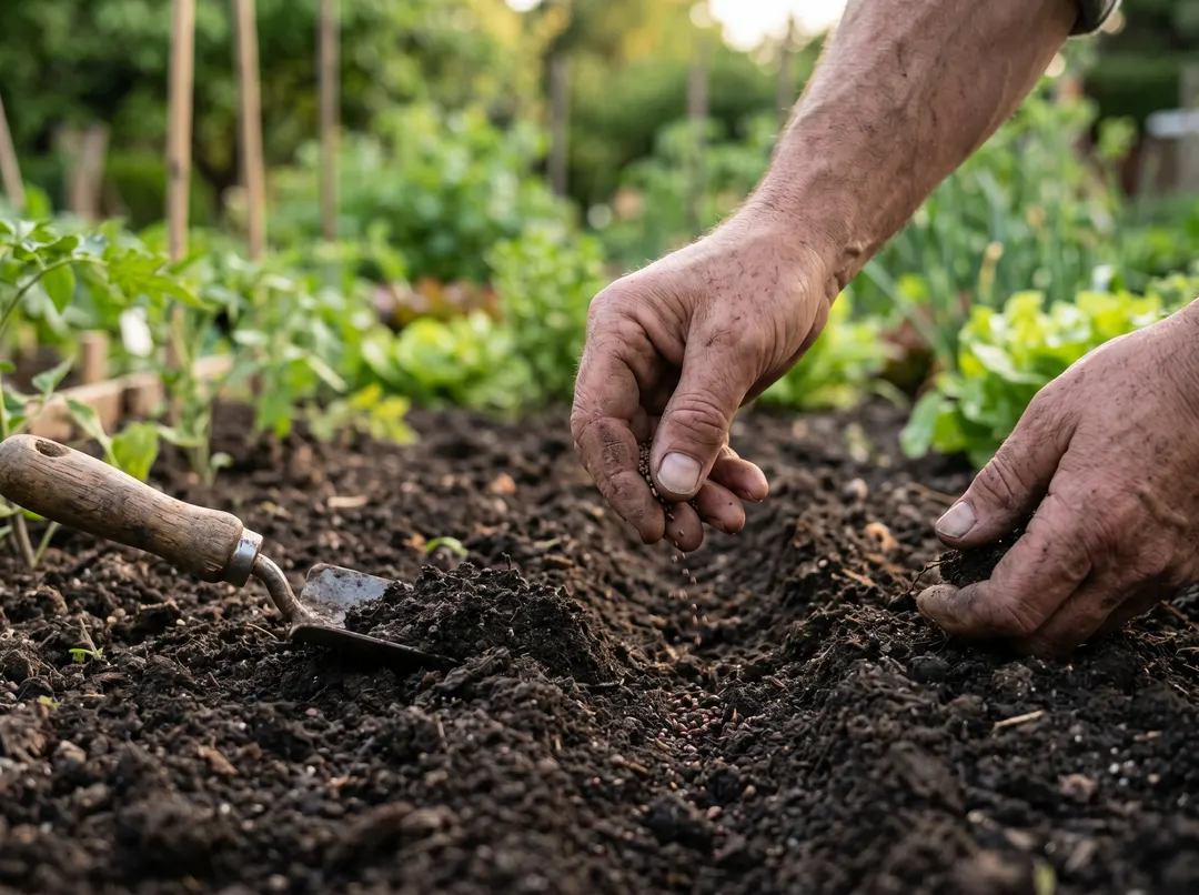 Mains semant des graines dans un potager sous une lumière douce de fin de journée