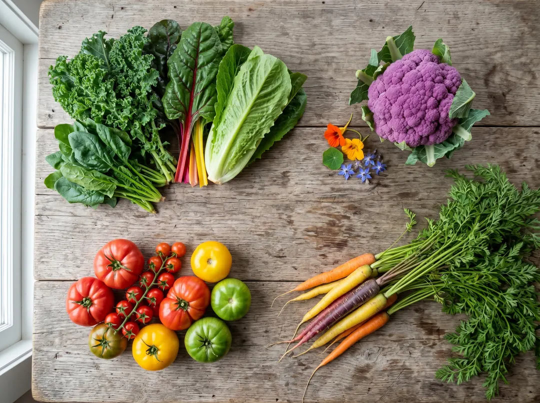 Quatre groupes de légumes : feuilles, fleur, fruit et racines, illustrant les types de jours lunaires