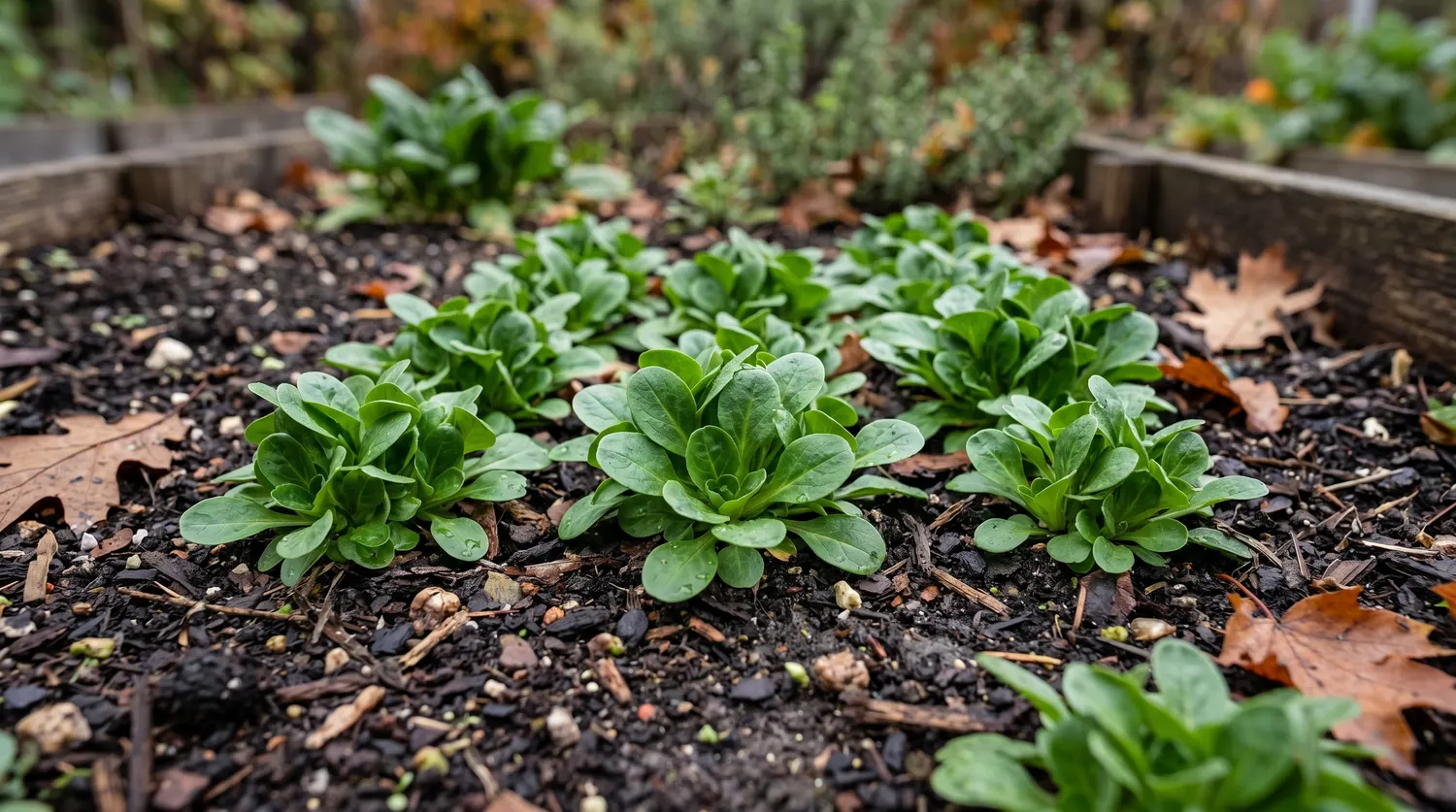 Rosettes de mâche poussant dans une planche de potager à l'automne