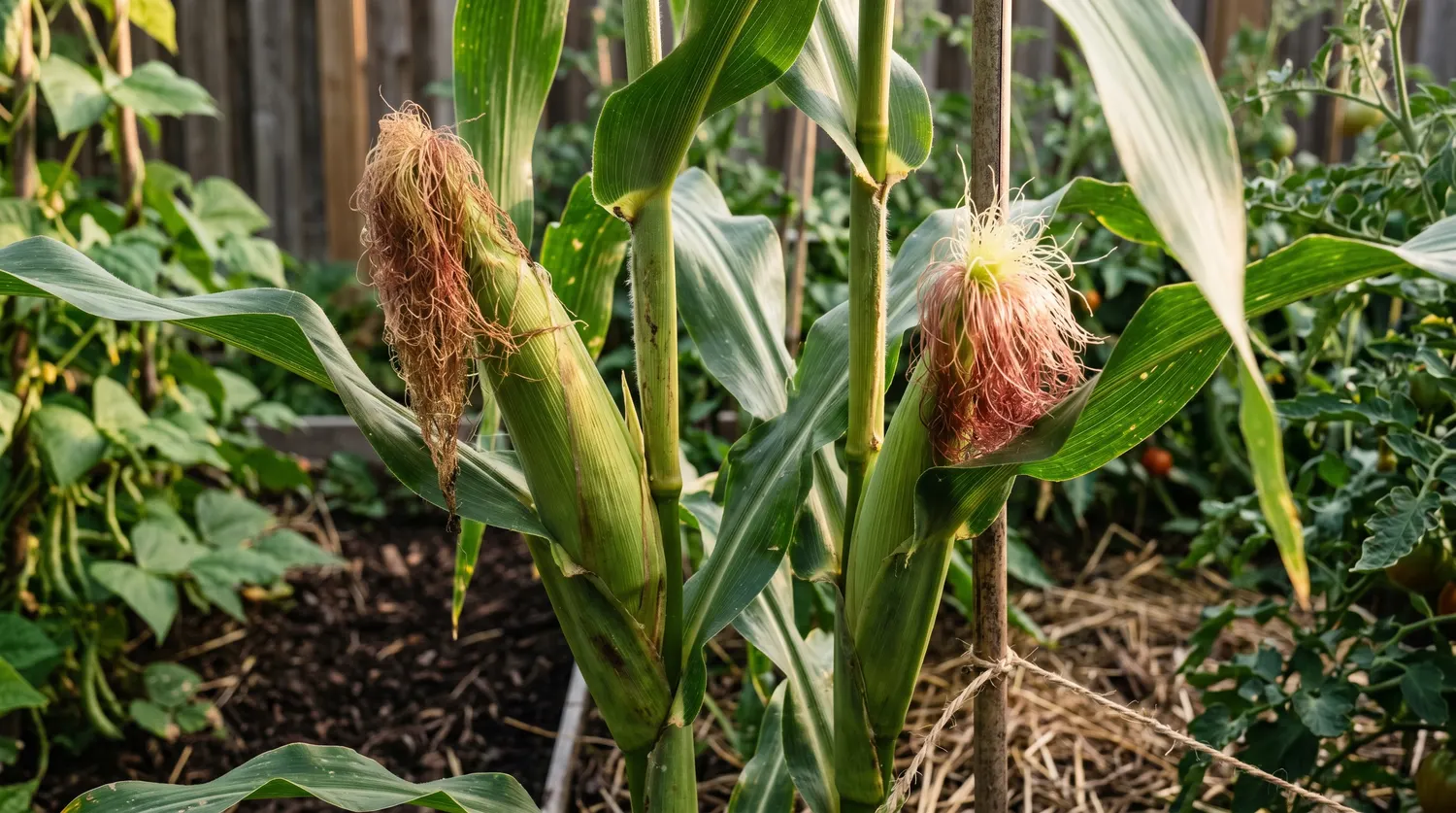 Plants de maïs doux avec épis et soies en formation au potager