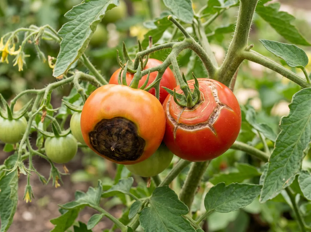 Tomates atteintes de cul noir (nécrose apicale) et d'éclatement des fruits