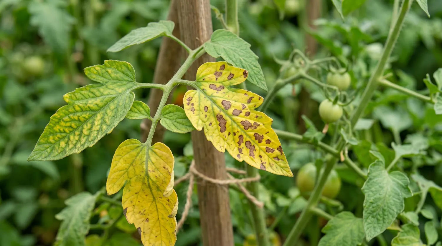 Plant de tomate présentant plusieurs symptômes de maladie : feuilles jaunes et taches brunes