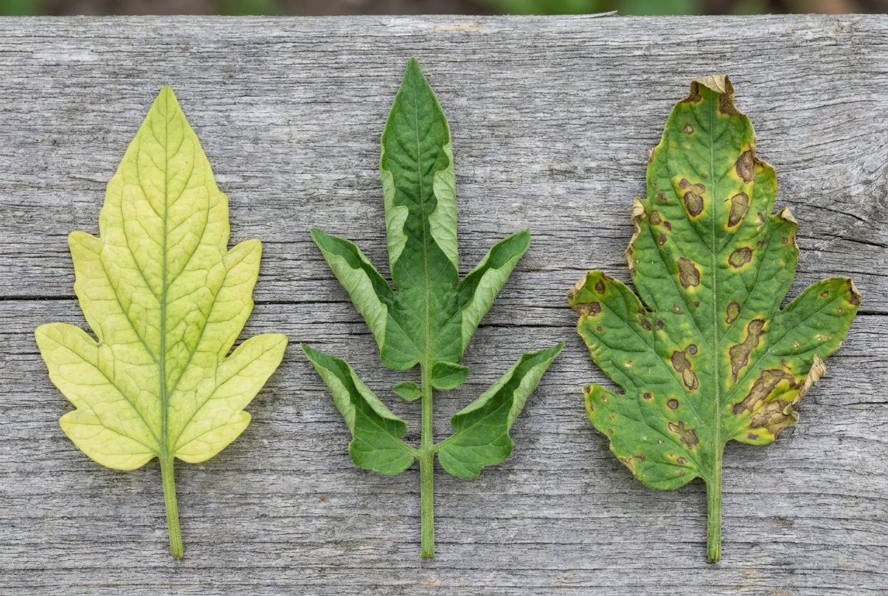 Trois feuilles de tomate comparées : jaunissement, enroulement en cornet et taches brunes