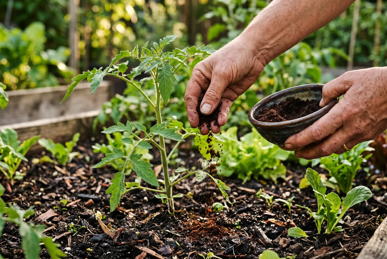 Marc de café répandu au pied de légumes du potager