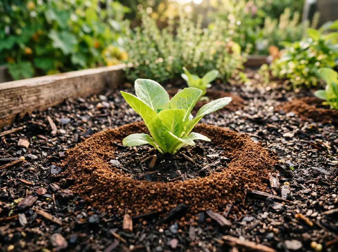 Barrière de marc de café autour d’un jeune plant