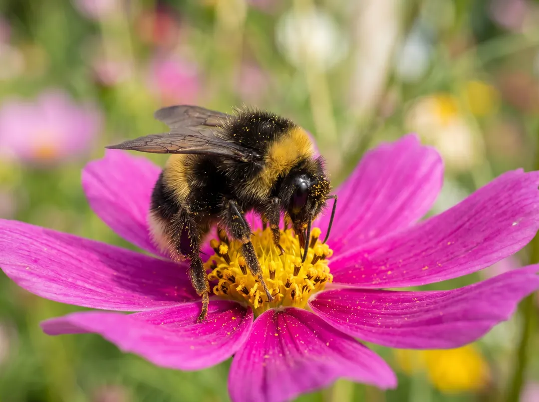 Bourdon butinant une fleur de cosmos rose, fleur mellifère