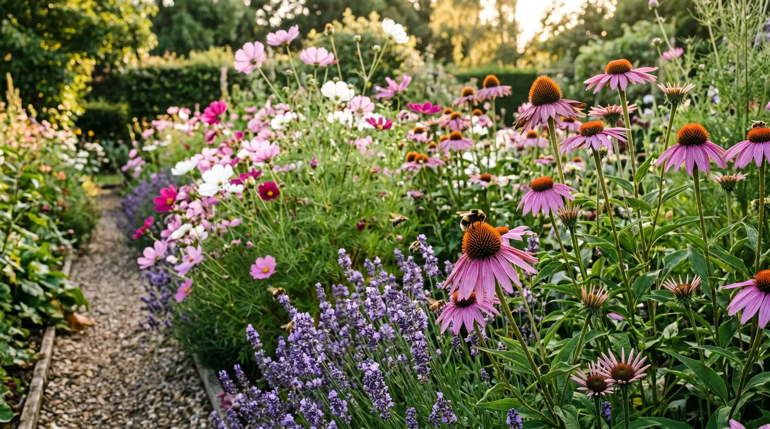 Massif de fleurs mellifères bourdonnant d'abeilles au jardin : cosmos, bourrache, souci