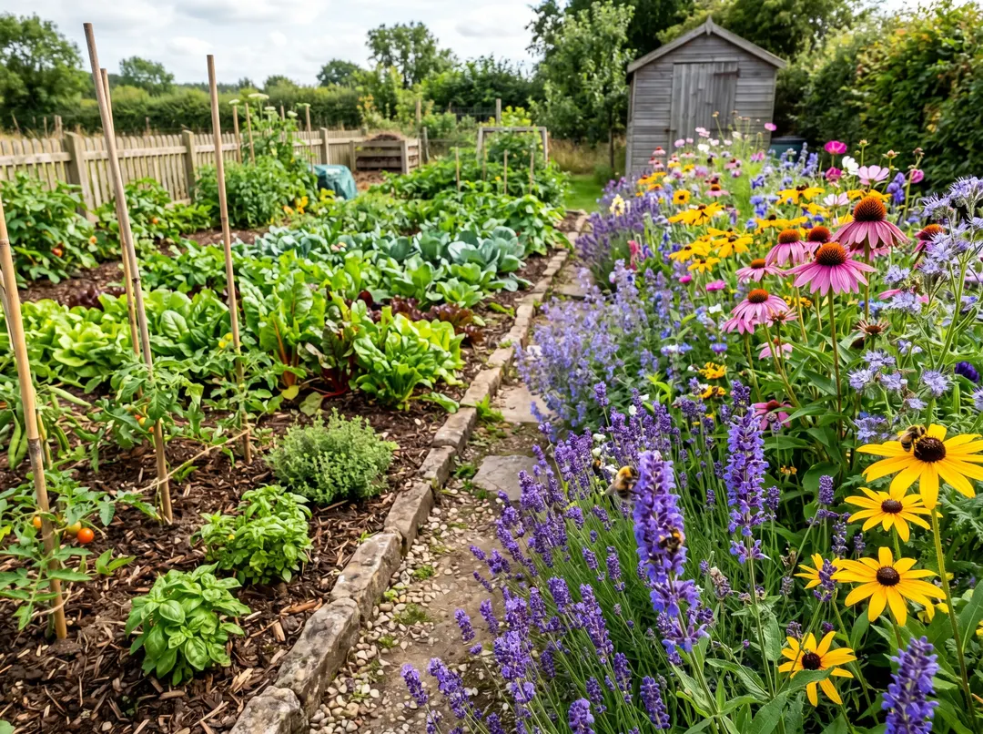 Bande de fleurs mellifères en bordure d'un potager urbain