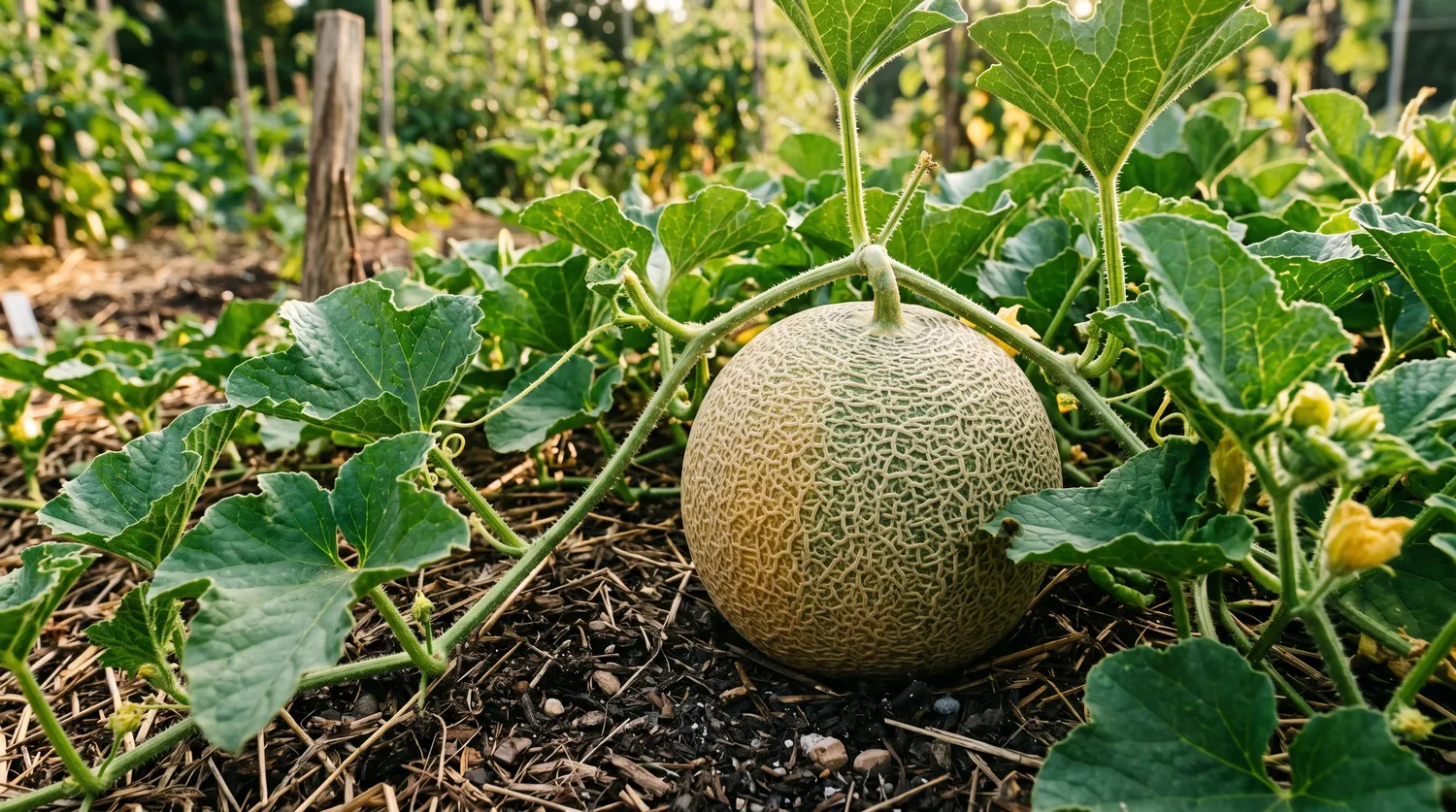 Melon en train de mûrir sur sa plante au potager parmi de larges feuilles