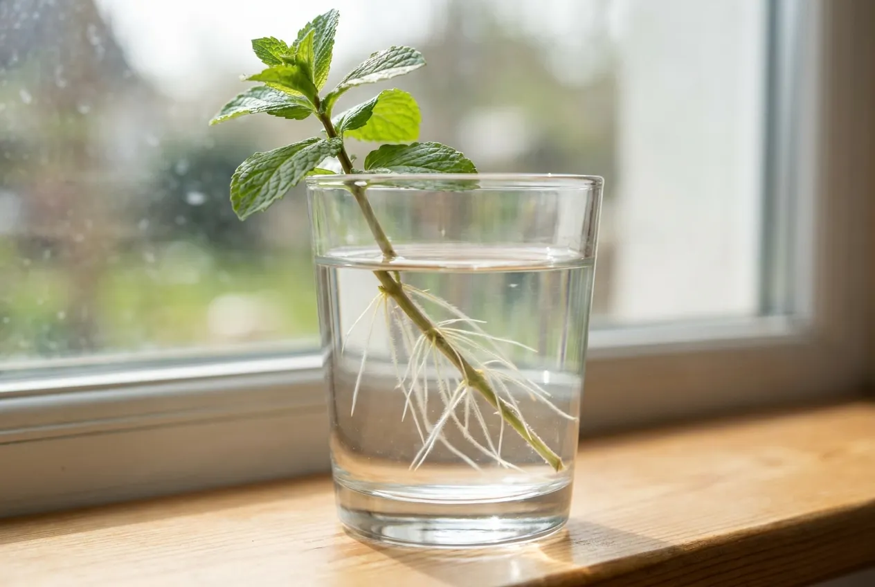 Bouture de menthe dans un verre d'eau, racines blanches naissantes visibles le long de la tige