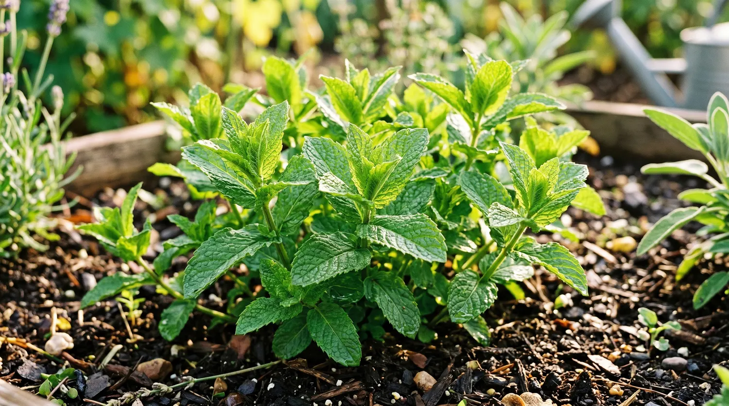 Pied de menthe luxuriant aux feuilles vertes aromatiques au jardin