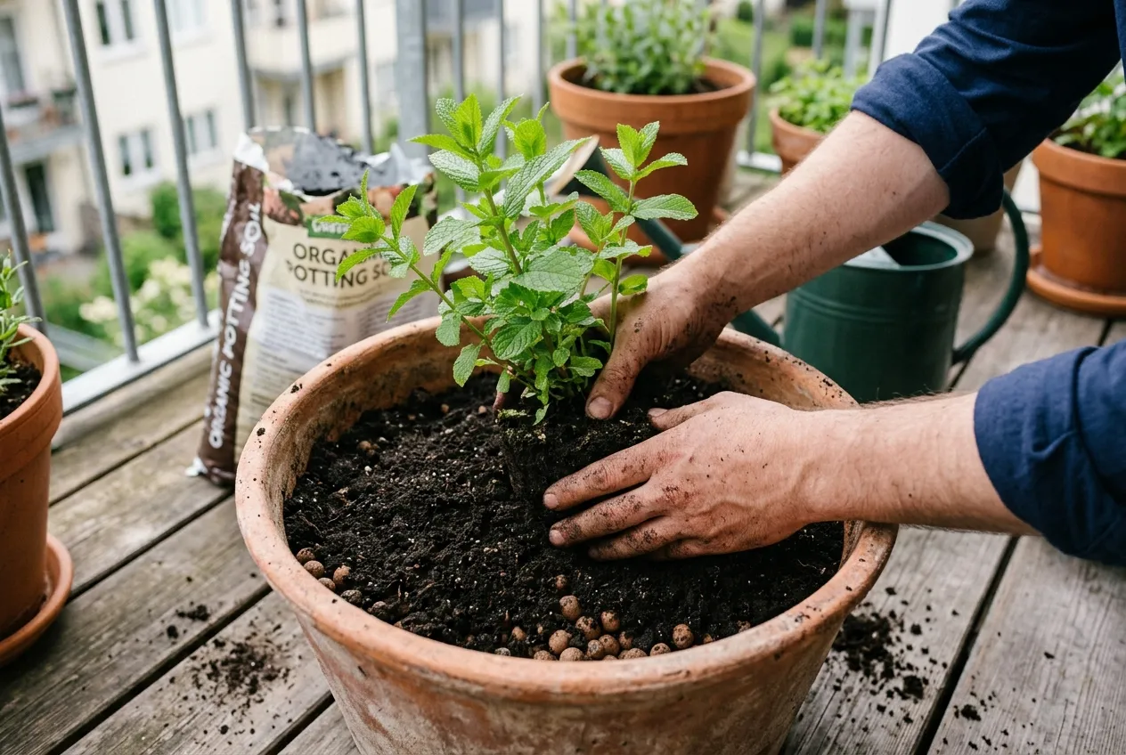 Planter la menthe en pot : jeune plant installé dans un grand pot en terre cuite avec des billes d'argile au drainage
