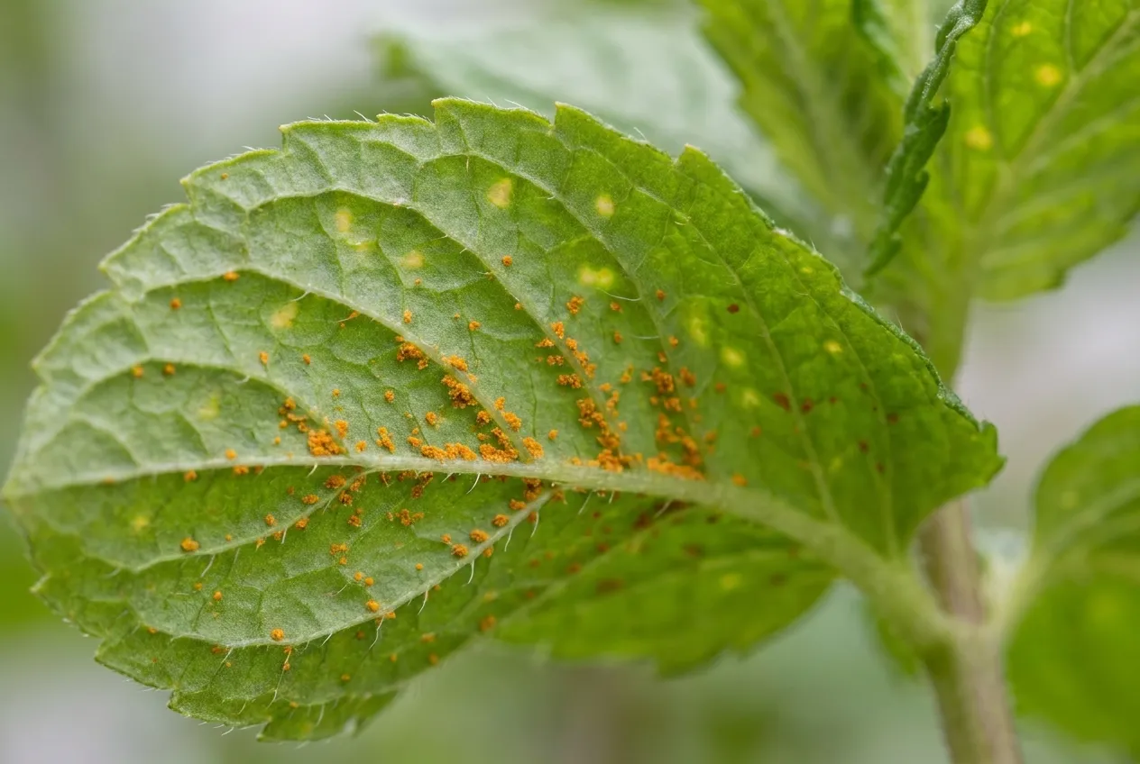 Rouille de la menthe : pustules orange sur le revers d'une feuille de menthe atteinte