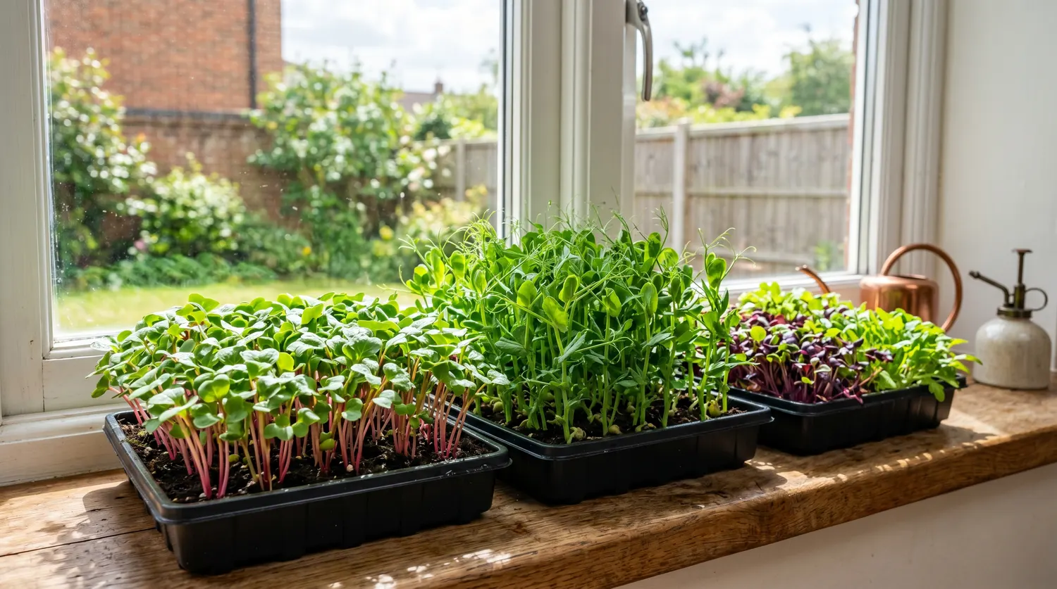 Barquettes de micro-pousses colorées de radis et de pois cultivées sur un rebord de fenêtre