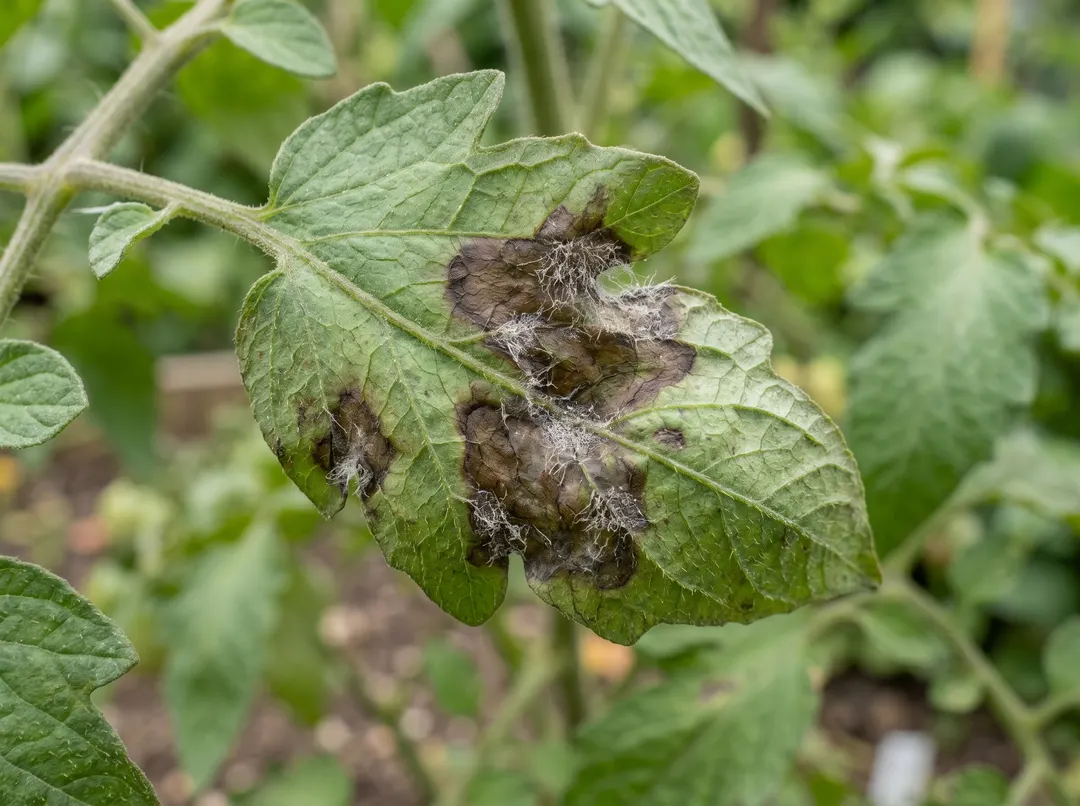 Feuille de tomate avec lésions brunes de mildiou et duvet blanc au revers