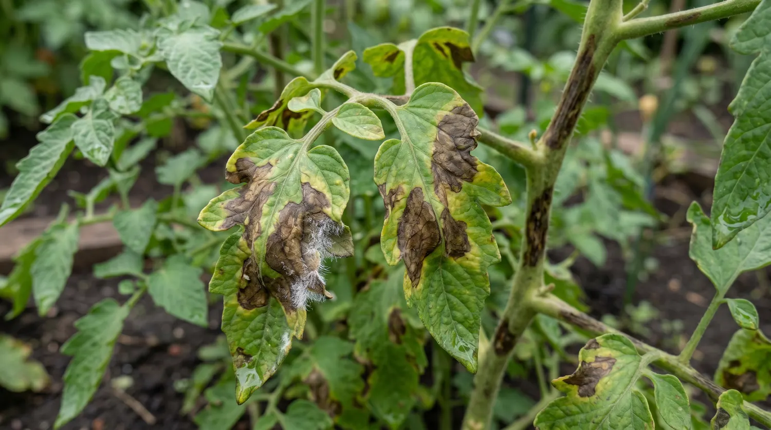 Feuilles de plant de tomate atteintes de mildiou, taches brunes et noires