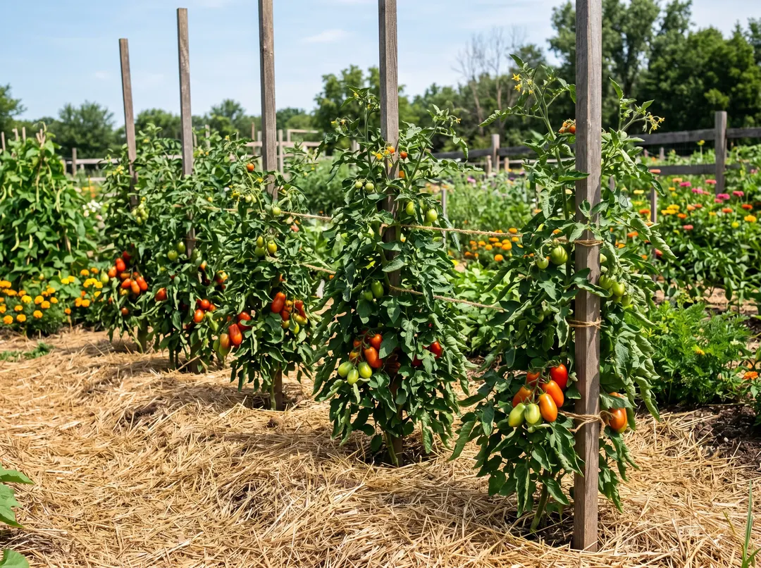 Plants de tomates bien espacés, tuteurés et paillés pour prévenir le mildiou