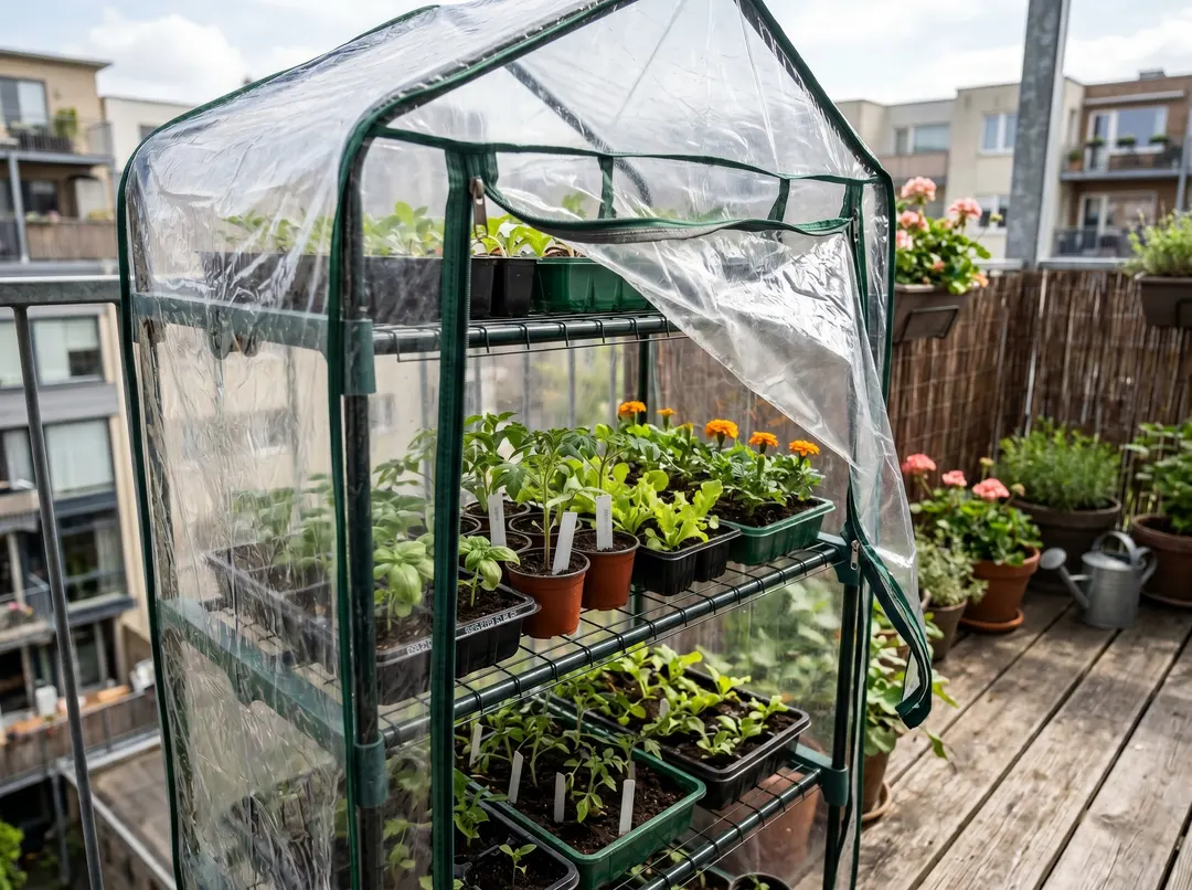 Mini serre à étagères couverte d’une housse transparente sur un balcon