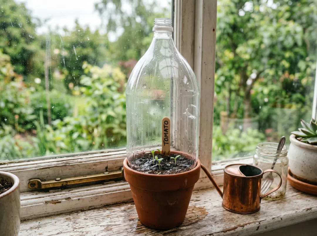 Mini serre maison fabriquée à partir d’une bouteille plastique recyclée sur un pot