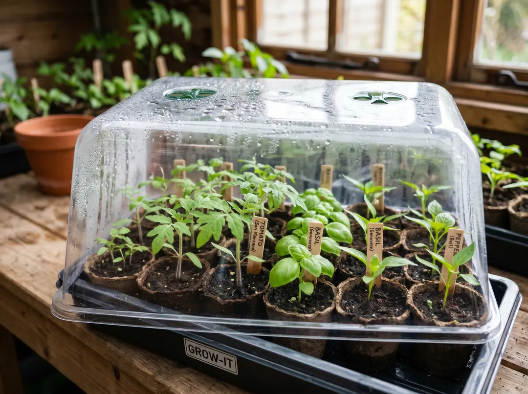 Jeunes semis de tomate, basilic et poivron prospérant dans une mini serre
