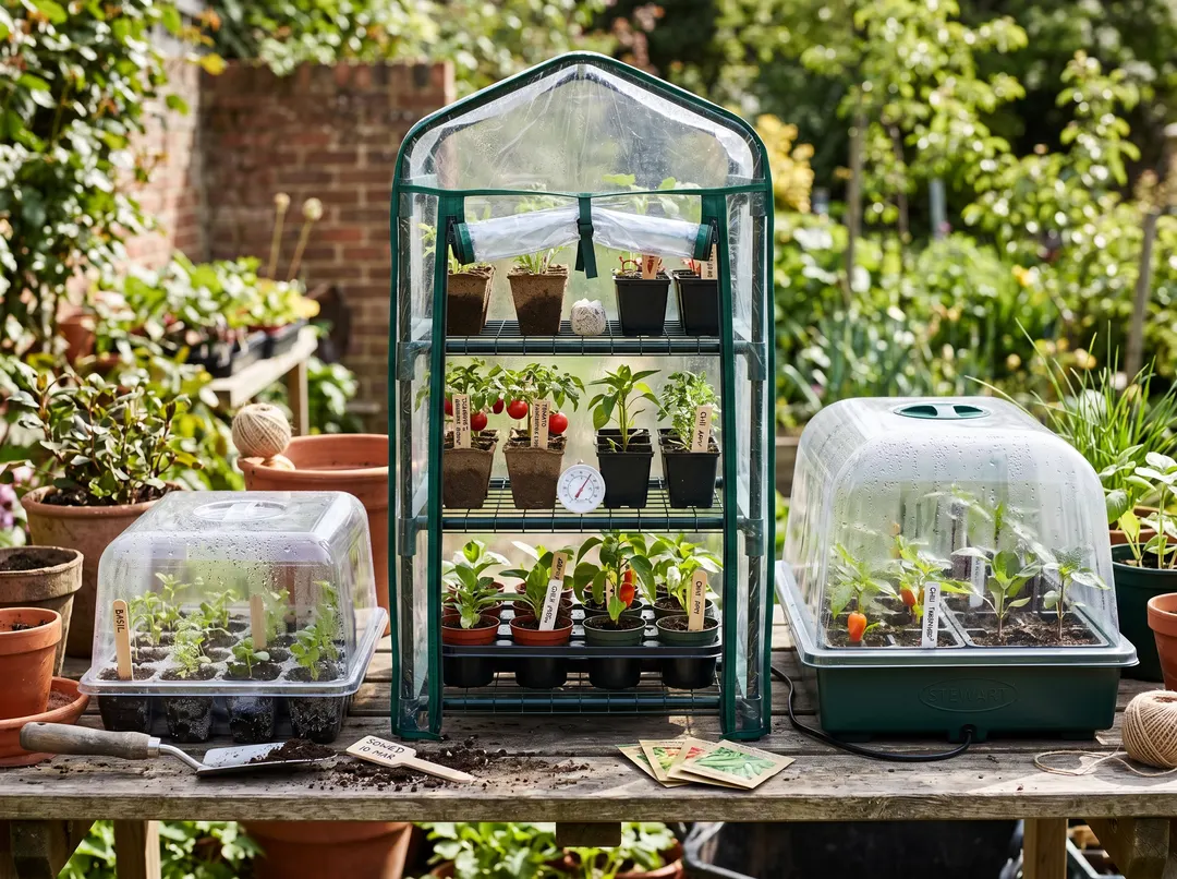 Différents types de mini serres : propagateur à couvercle, serre à étagères, serre chauffante