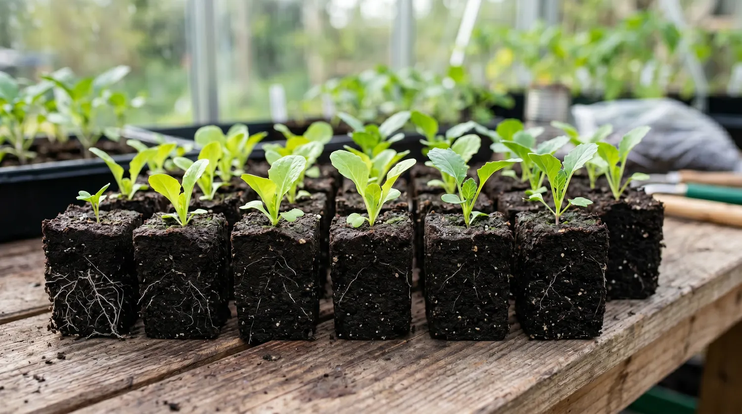 Cubes de terreau pressé portant chacun un jeune plant, technique du semis en mottes sur un plateau