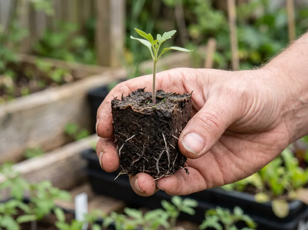 Motte de terreau pressé tenue dans une main avec un jeune plant et ses racines visibles