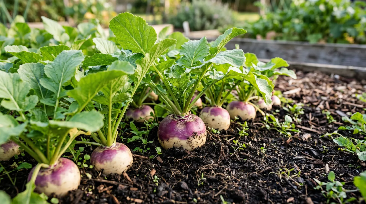 Navets blancs à collet violet poussant en rang au potager