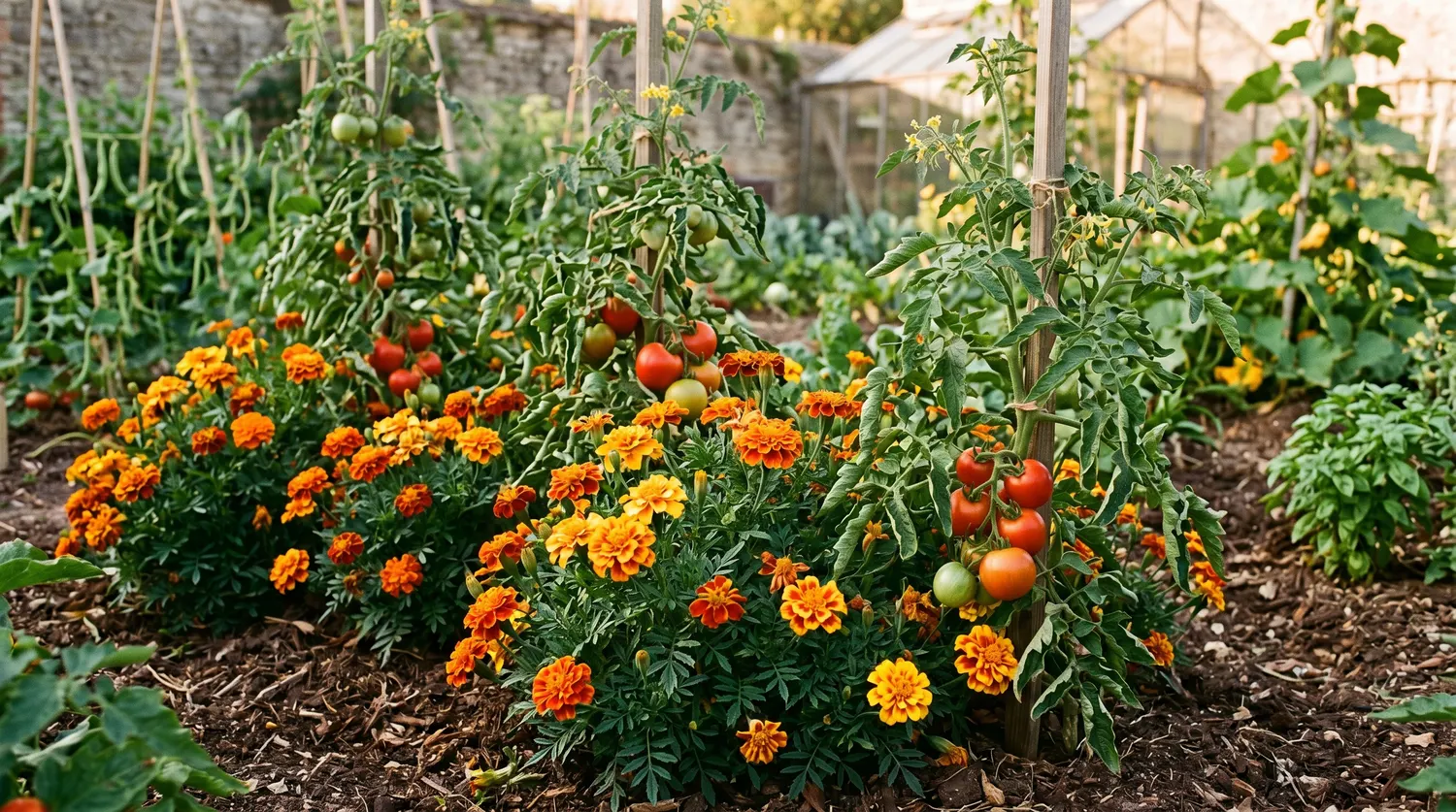 Œillets d'Inde orange en bordure d'un potager, fleur compagne protectrice