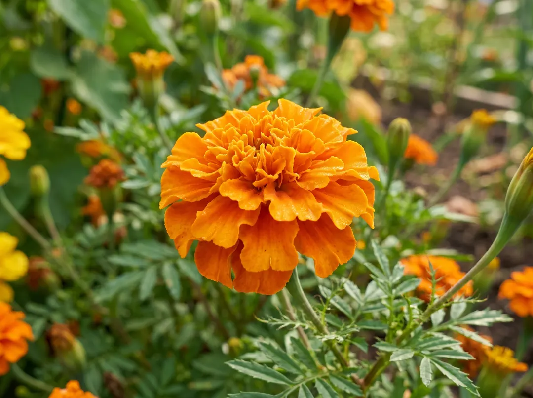 Jeunes œillets d'Inde en fleur, faciles à semer au potager