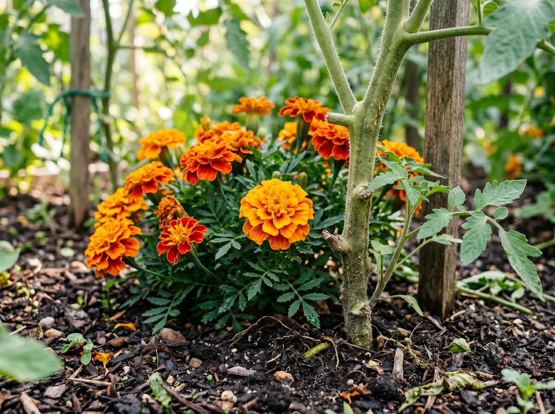 Œillets d'Inde plantés au pied de plants de tomates au potager