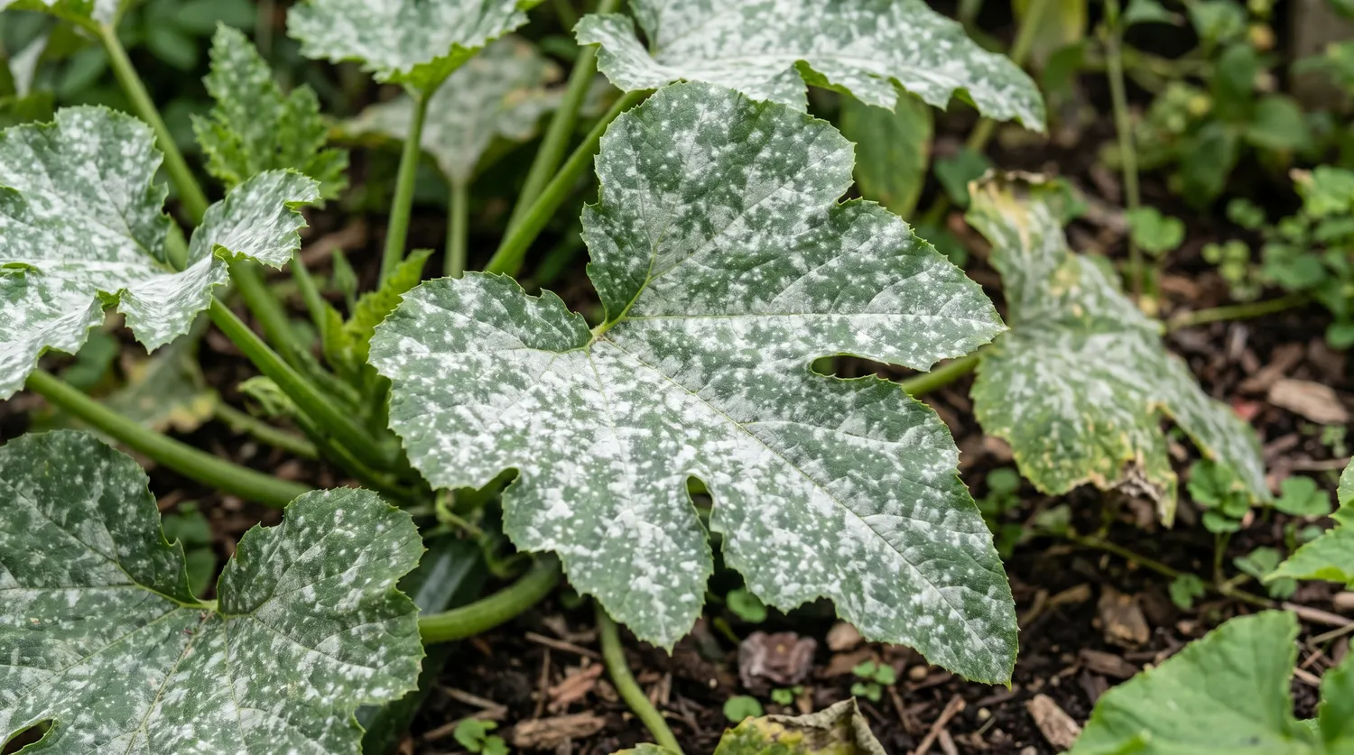Feuilles de courgette couvertes d'oïdium, feutrage blanc poudreux