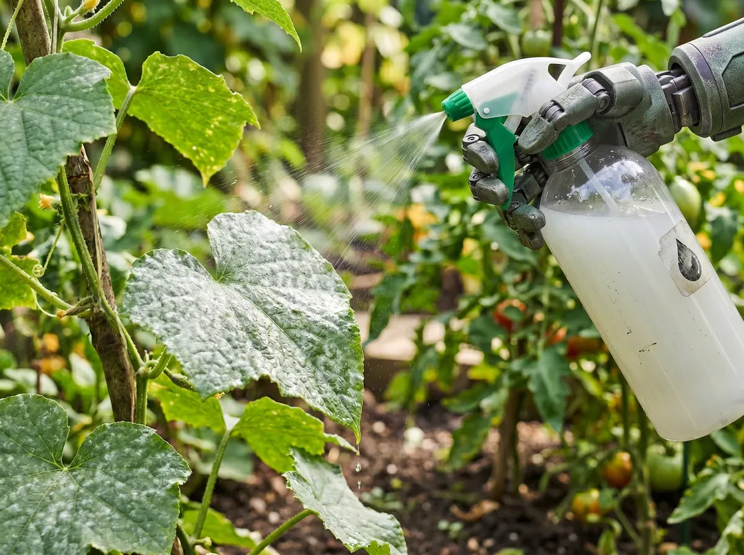 Pulvérisation d'une solution de bicarbonate sur des feuilles atteintes d'oïdium