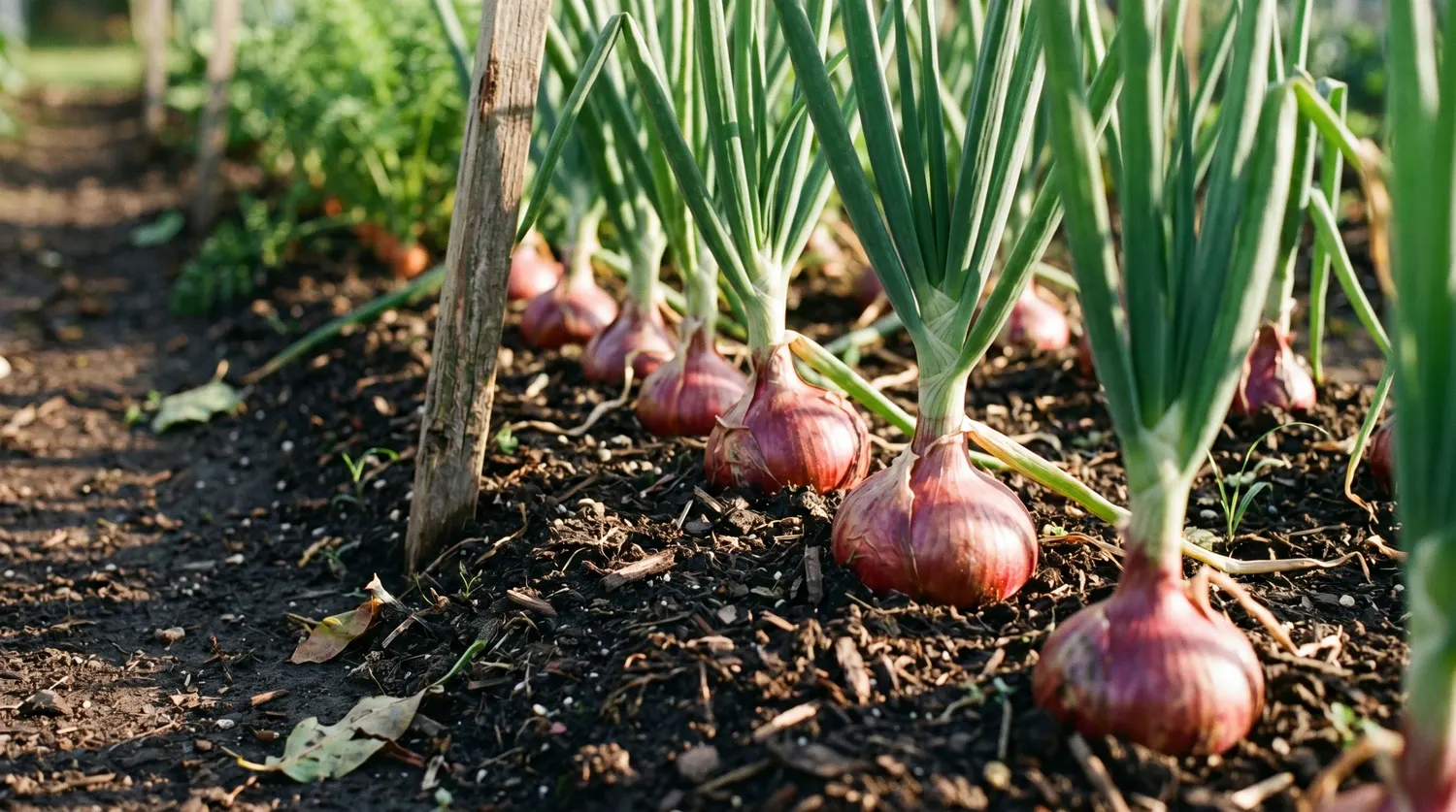 Oignons en train de grossir dans un rang du potager avec leur feuillage vert