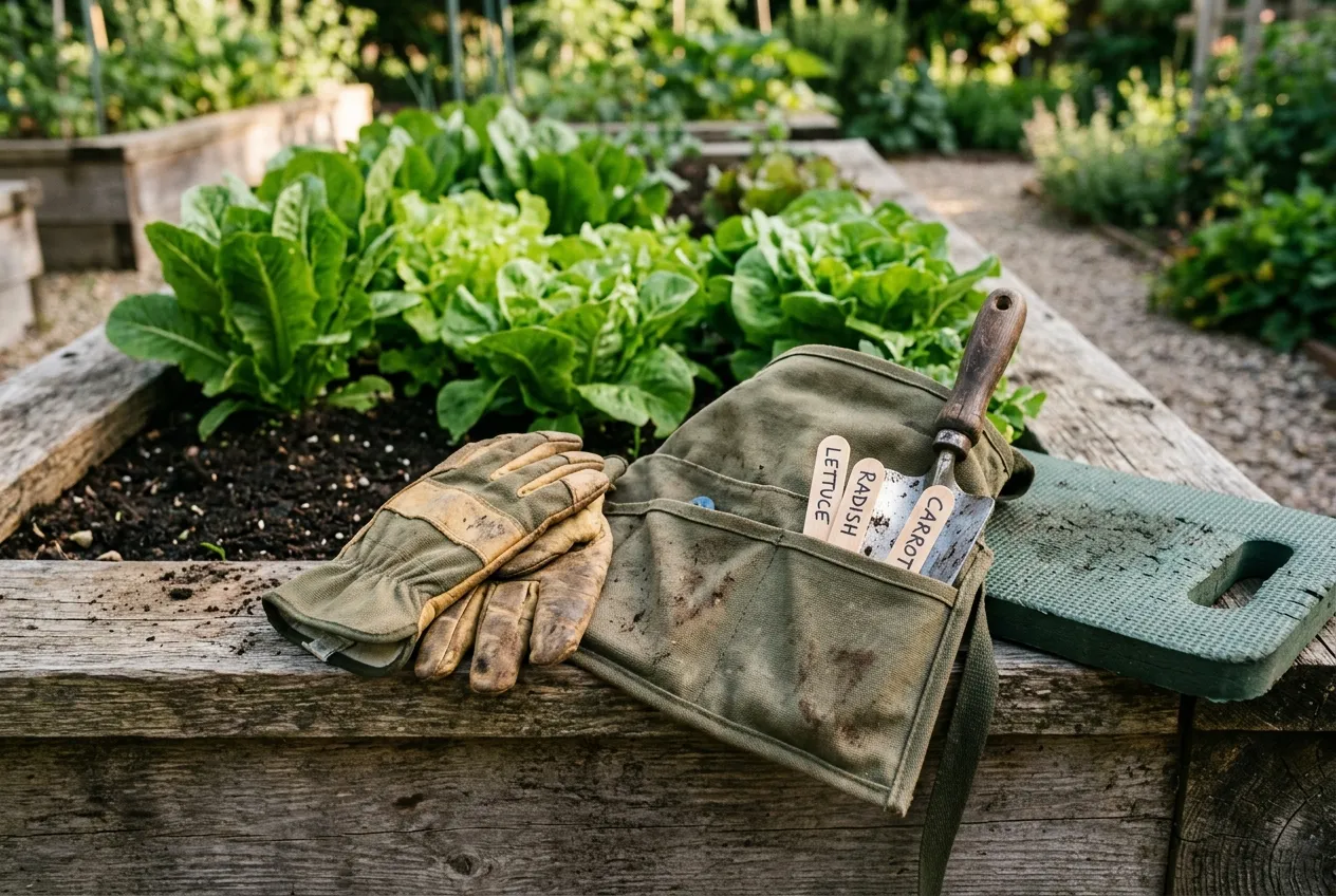 Gants de jardinage, tablier à poches et coussin de genou posés au bord d’une planche de culture