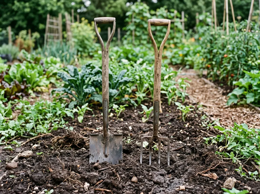 Bêche et fourche-bêche plantées dans la terre fraîchement travaillée du potager