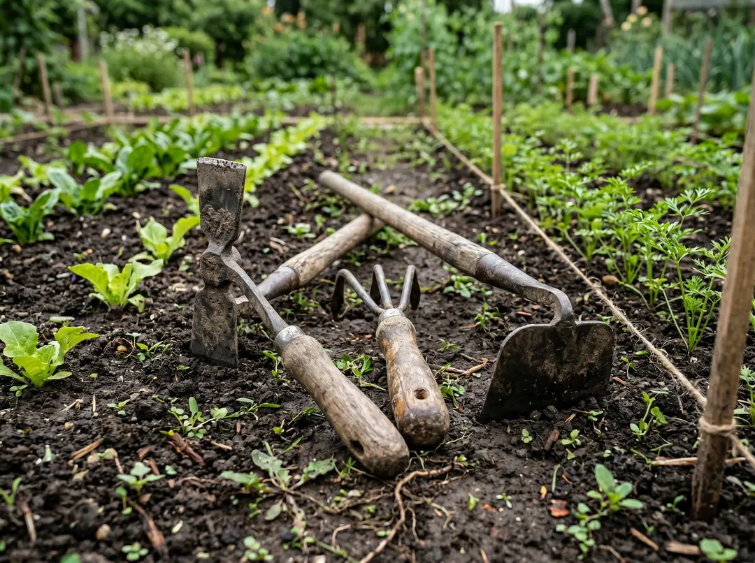 Binette, griffe à main et serfouette posées sur la terre entre des rangs de semis