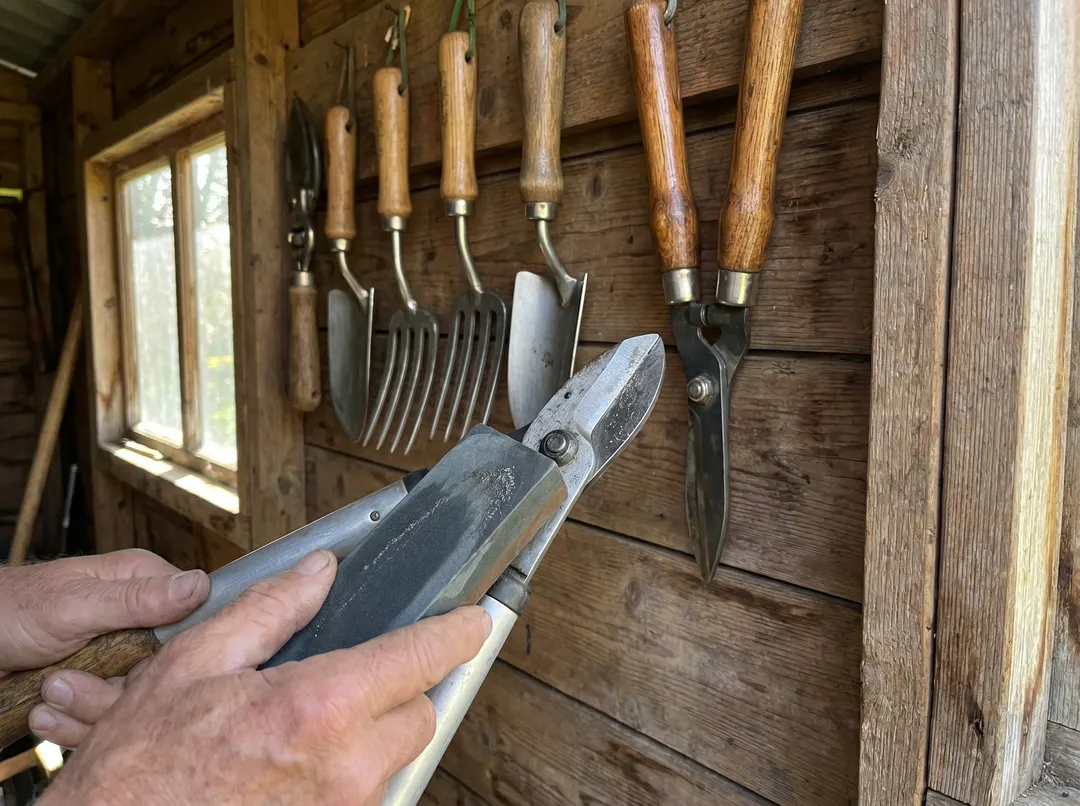 Outils de jardin propres accrochés dans un abri, affûtage d’une lame à la pierre