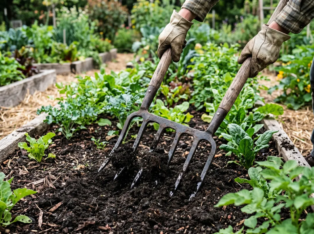 Grelinette à deux manches plantée dans la terre d’une planche de culture