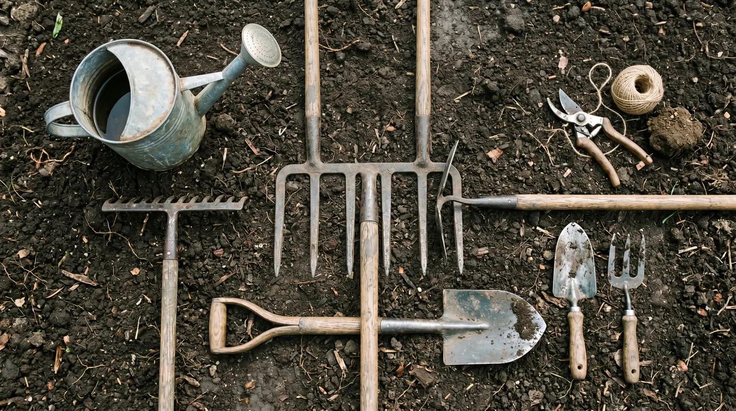 Outils de jardinage indispensables du potager disposés à plat sur la terre