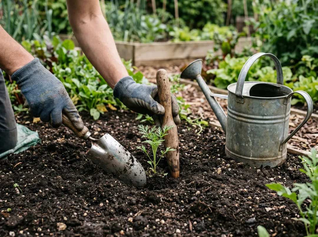 Transplantoir et plantoir en bois pour la plantation d’un jeune plant, avec un arrosoir