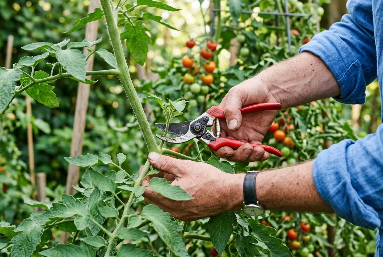 Sécateur bypass taillant un gourmand sur un pied de tomate au potager