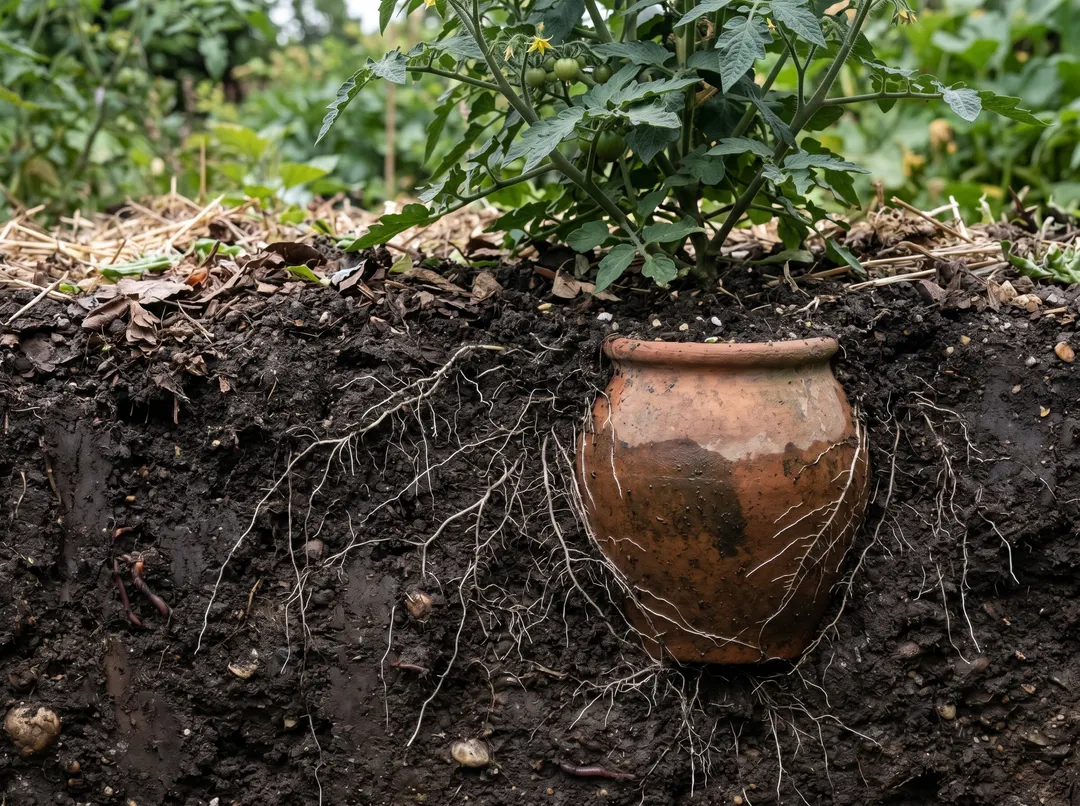 Coupe de sol montrant un oya enterré diffusant l'eau vers les racines